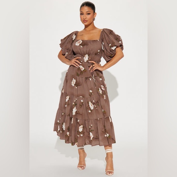 Fashion Nova Dresses & Skirts - Magnolia Tiered Midi Dress - Floral Brown Midi Dress